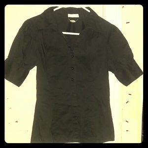 Ladies black button up shirt with flare shoulders