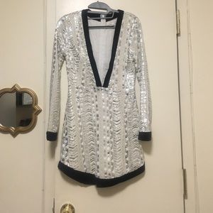 Sequin white and black plunge neckline mini dress