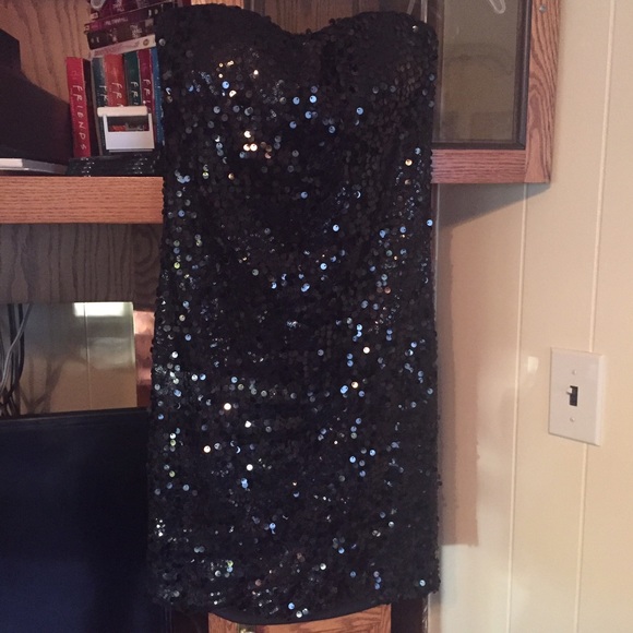 strapless black sequin dress
