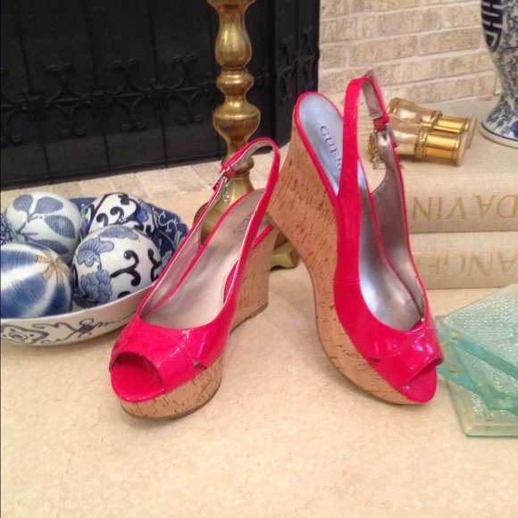 Guess, red paten leather sling back platform wedge