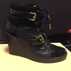 Michael Kors Skid Gold Logo Buckle Lace Up Wedge