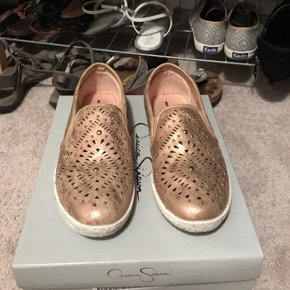 Rose gold studded slip on shoes