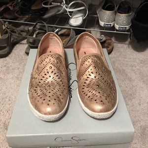 Rose gold studded slip on shoes