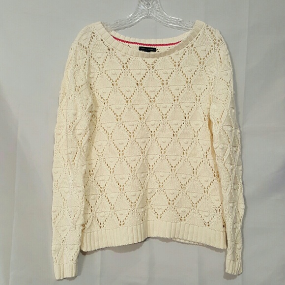 TOMMY HILFIGER IVORY OPEN KNIT CREW NECK SWEATER