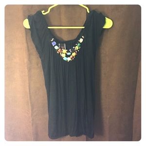 Cute Black Shirt with Beaded Neckline!