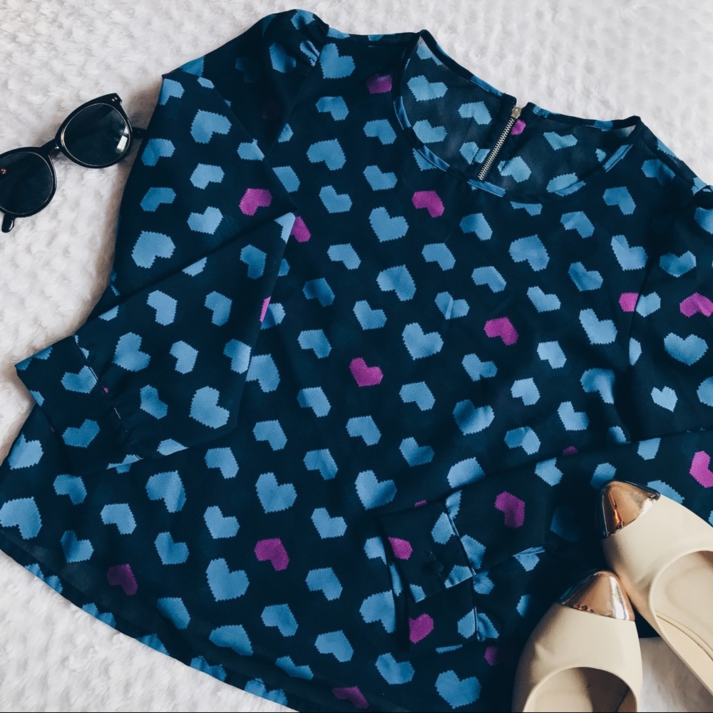 ❌SOLD❌ Blue and Pink Heart Print Sheer Blouse