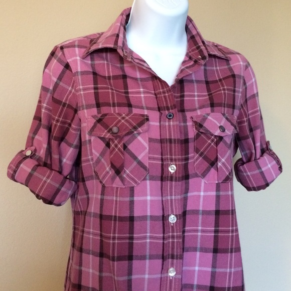 Super Bad Shirt Tops - Pink Flannel W-Button Sleeves