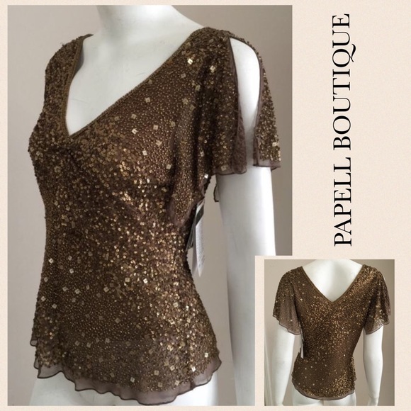 Brown/Bronze Silk Sequined Flutter Sleeve Top Lg