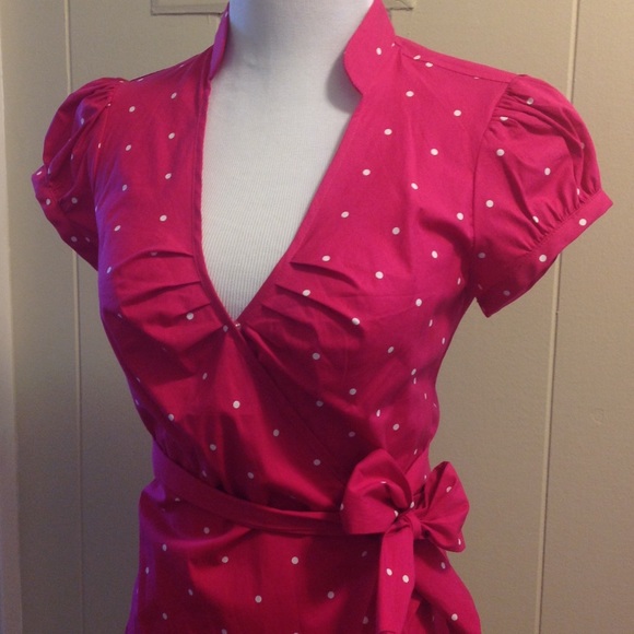 Express hot pink & white polka dot wrap top XS - Picture 2 of 4