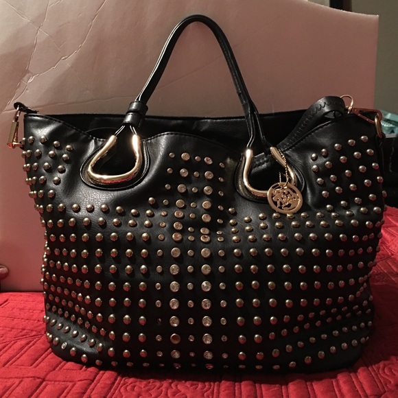 Black shoulder/ tote bag with gold rhinestones