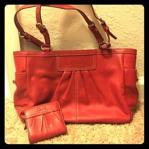 Genuine red leather Coach tote WITH wallet