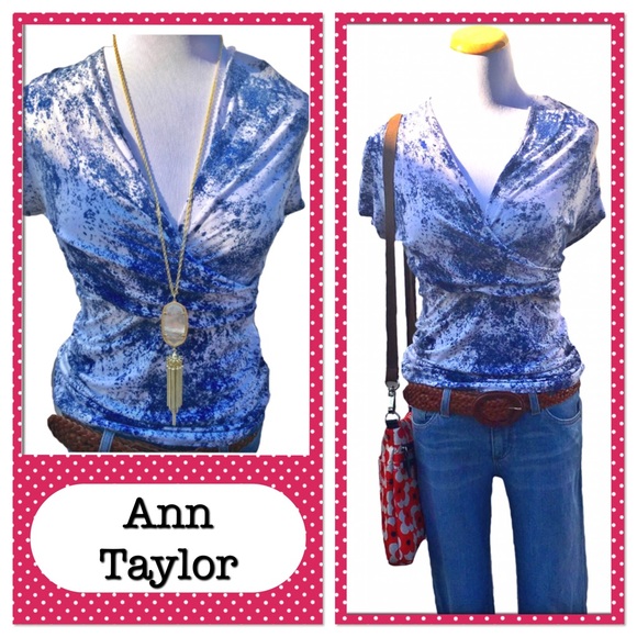Ann Taylor Crossover Top Blue & White Short Sleeve - Picture 1 of 4