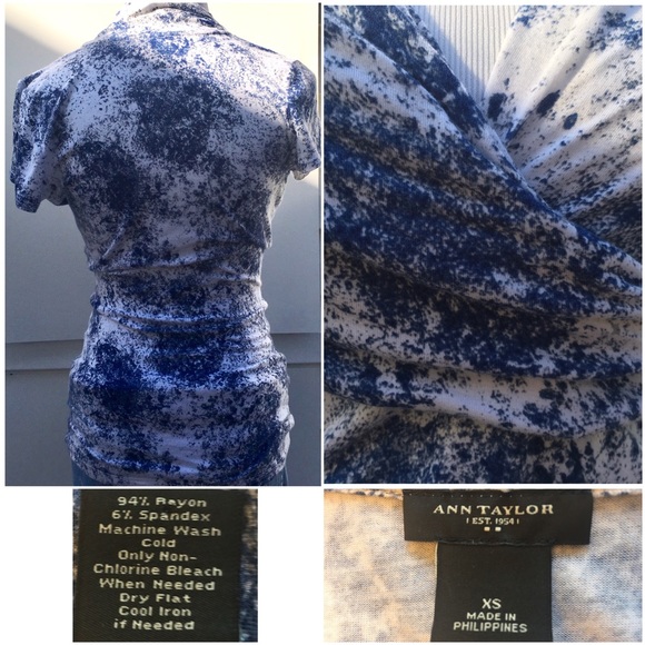 Ann Taylor Crossover Top Blue & White Short Sleeve - Picture 2 of 4