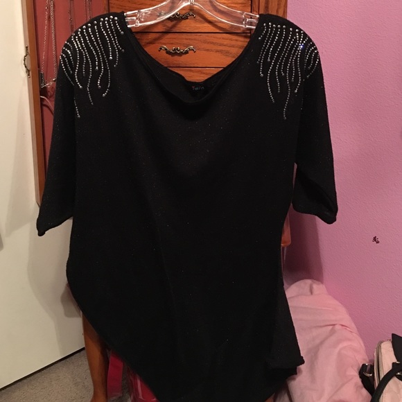 Black sparkly asymmetrical top w/ rhinestones