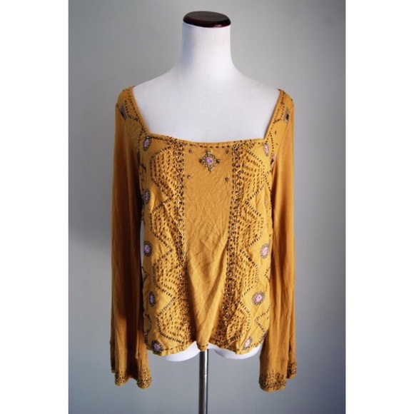 NWOT FREEPEOPLE Mustard Beaded Top - Picture 3 of 7