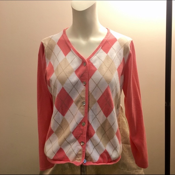Pink and white argyle cardigan
