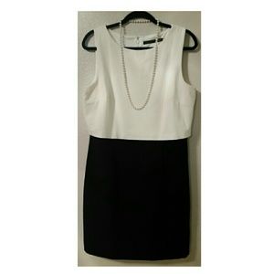 Classic black and white dress with a gold zipper.