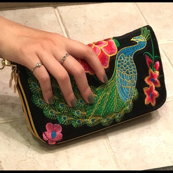 Handbags - Embroidered clutch wallet peacock