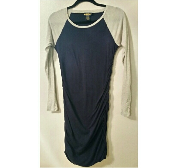 Navy blue and tan cotton dress.