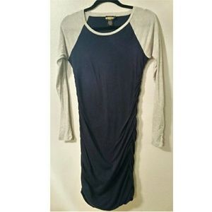 Navy blue and tan cotton dress.