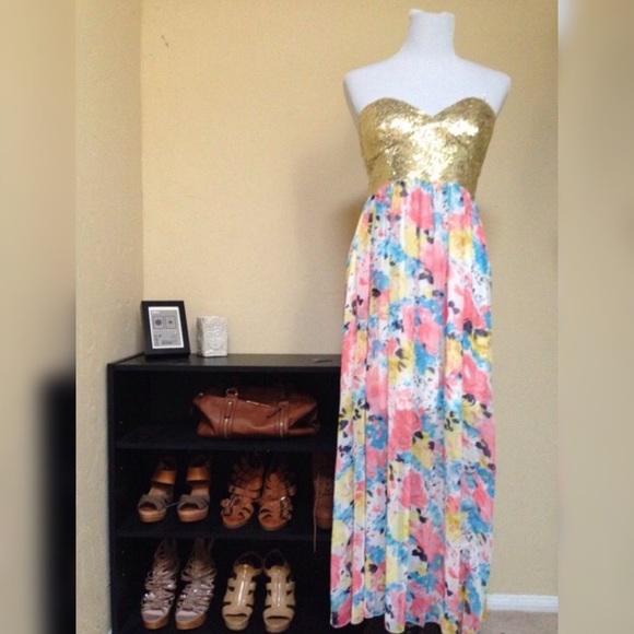 SOLD 🚫 Floral Maxi Dress with Golden Sequins