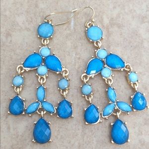 Gold Tone Blue & Aqua Chandelier Drop Earrings