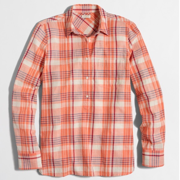 J.CREW FACTORY PETITE PLAID GAUZE POPOVER SHIRT