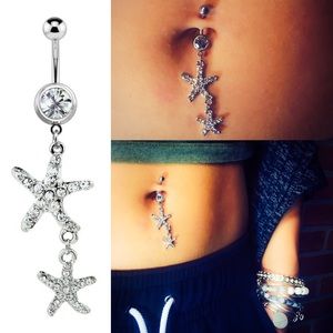 Silver gem Paved double Starfish Dangle Belly ring