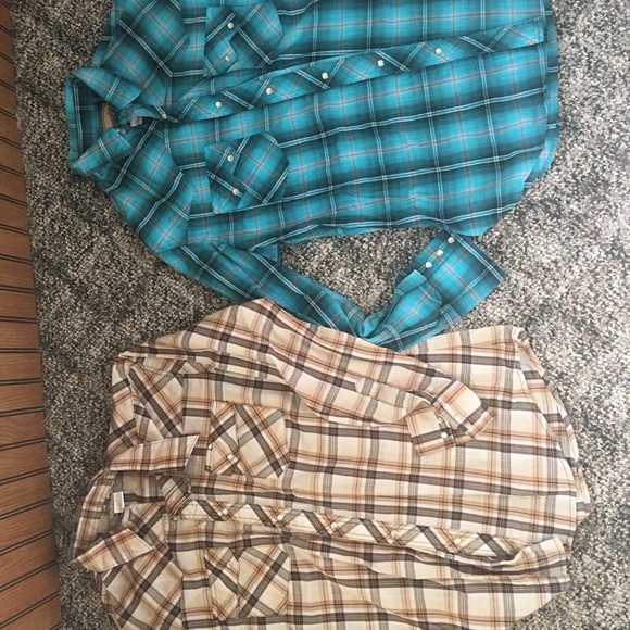 Two men's wrangler pearl button down shirts large