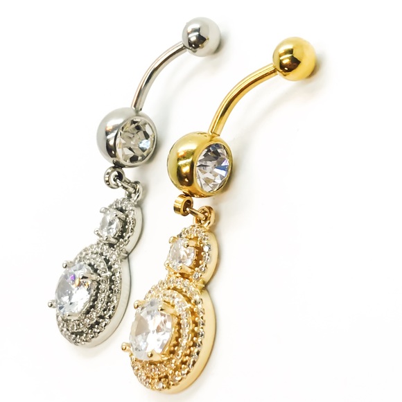 Diamond bezel belly ring silver or gold color 316L