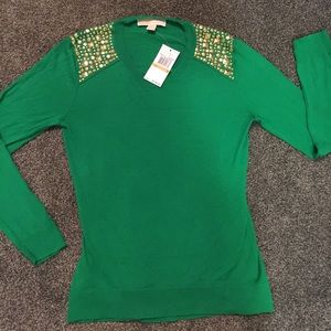 Michael Kors emerald green sweater with gold beads