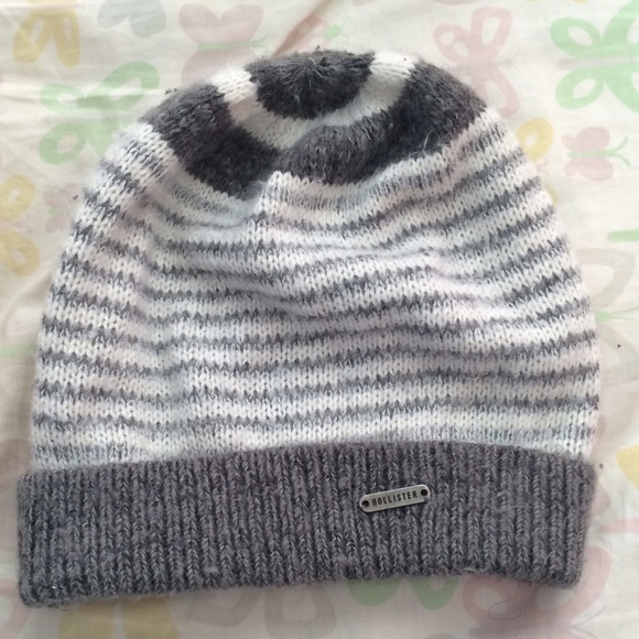 White and Grey Striped Hollister Beanie