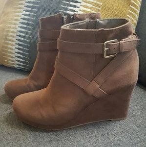 Report Brown suede wedge booties!