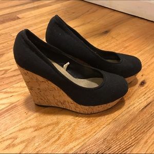 Black Cork-Heeled Wedges