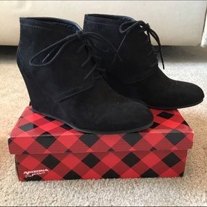Suede Black Booties - Lace Up Wedge