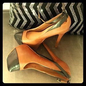 Brown and black platform pump