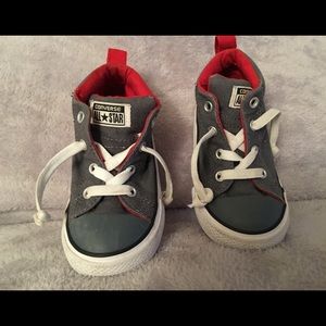 Gray Red and White High Top Converse 7