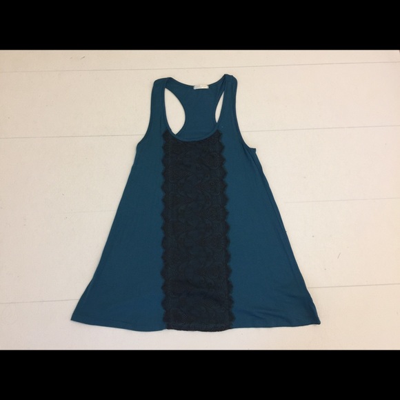 Blue Racerback Tunic Tank with Black Lace Detail