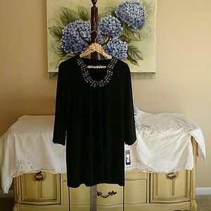 Long Black Top with embellished neckline & tie