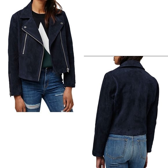 Topshop Navy Blue Suede Moto Jacket - Picture 2 of 4