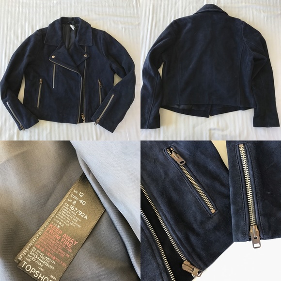Topshop Navy Blue Suede Moto Jacket - Picture 4 of 4