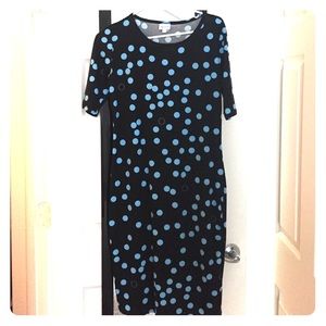 Lularoe Medium Julia, black, light blue polka dots