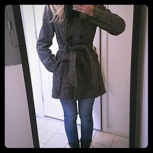 Wool black double breasted  belted coat