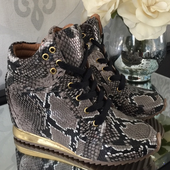 Faux snakeskin sneaker wedges