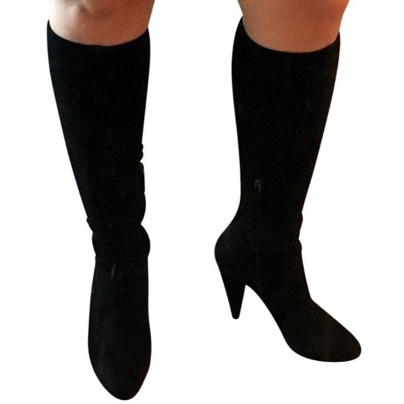 Prada black suede high heeled knee high boots