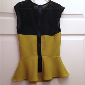 Peplum chartreuse & black mesh blouse