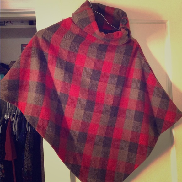 Red and brown plaid poncho, like new, size S.