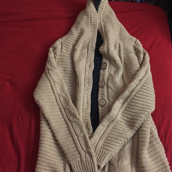 Tan fur-lined cozy knit button-down cardigan