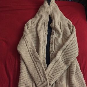 Tan fur-lined cozy knit button-down cardigan