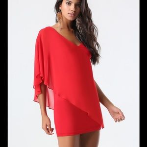 Bebe Asymmetric Flutter Sleeve Dress